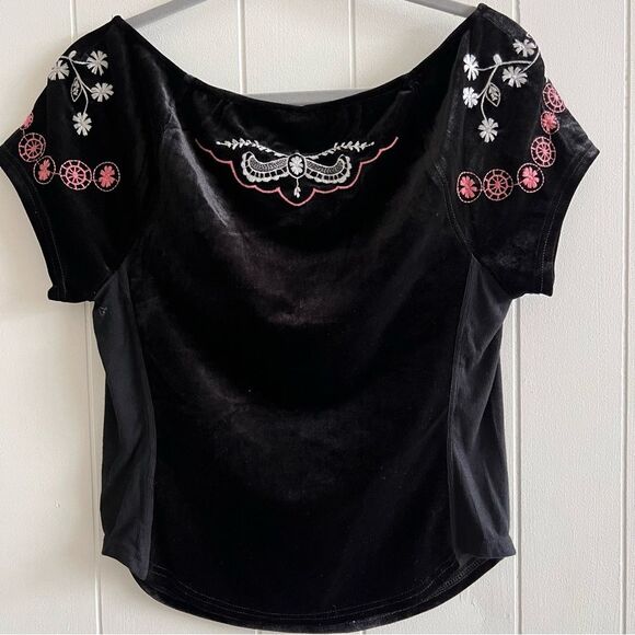 Free People Party Train Top Black Velvet Embroidered Floral Stretch - Picture 6 of 12